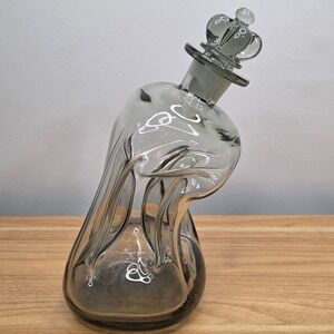 Vtg Holmegaard Kluk Kluk Glass Decanter Smoked Gray Crown Stopper Pinched Bottle
